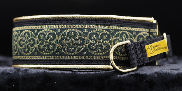 2 Inch Collar Gold and Green Shields on Black Web with Metallic Gold Leather and Brass Hardware