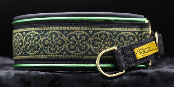 2 Inch Double Leather Green Shield on Black Web with Metallic Kelly Green and Black Leather with  Brass Hardware