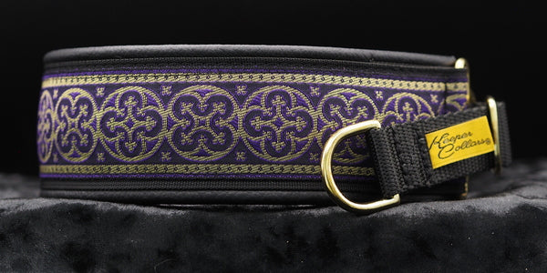 2 Inch Collar Gold and Purple Shields on Black Web with Black Leather and Brass Hardware