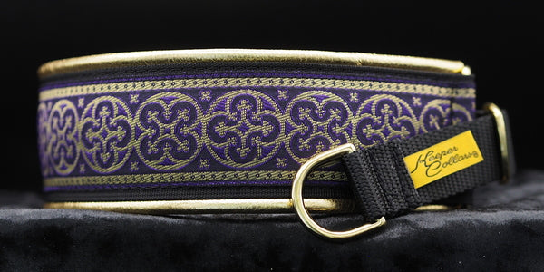 2 Inch Collar Gold and Purple Shields on Black Web with Metallic Gold Leather and Brass Hardware