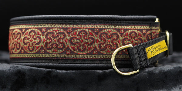 2 Inch Collar Gold and Red Shields on Black Web with Black Leather and Brass Hardware