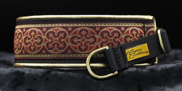 2 Inch Collar Gold and Red Shields on Black Web with Metallic Gold Leather and Brass Hardware