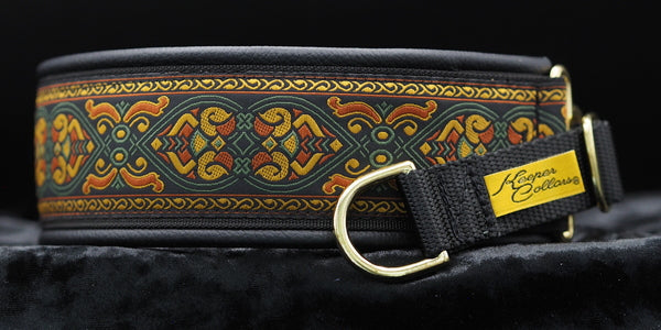 2 Inch Collar Mustard Orange and Green Egypt on Black Web with Black Leather and Brass Hardware