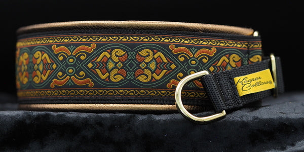 2 Inch Collar Mustard Orange and Green Egypt on Black Web with Metallic Copper Leather and Brass Hardware