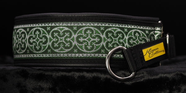 2 Inch Collar Silver and Green Shields on Black Web with Black Leather and Chrome Hardware