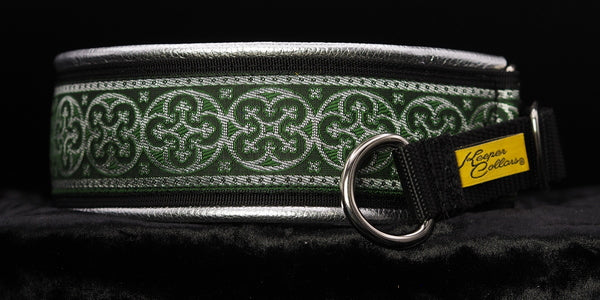 2 Inch Collar Silver and Green Shields on Black Web with Metallic Silver Leather and Chrome Hardware