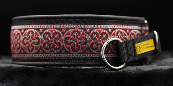 2 Inch Collar Silver and Red Shields on Black Web with Black Leather and Chrome Hardware