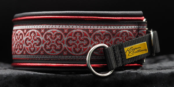 2 Inch Double Leather Collar Silver and Red Shields on Black Web with Metallic Red and Black Leather and Chrome Hardware