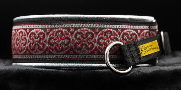 2 Inch Collar Silver and Red Shields on Black Web with Metallic Silver Leather and Chrome Hardware