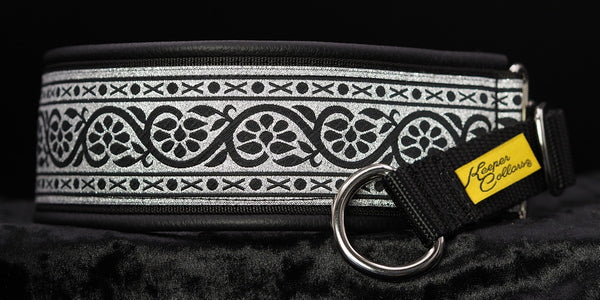2 Inch Collar Silver and Black XO's on Black Web with Black Leather and Chrome Hardware