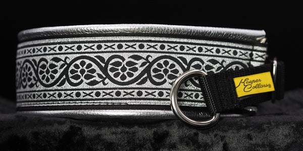 2 Inch Collar Silver and Black XO's on Black Web with Silver Leather and Chrome Hardware