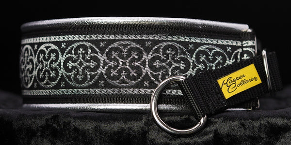 2 Inch Collar Silver and Black Shields on Black Web with Silver Leather and Chrome Hardware