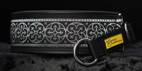2 Inch Collar Silver and Black Shields on Black Web with Black Leather and Chrome Hardware