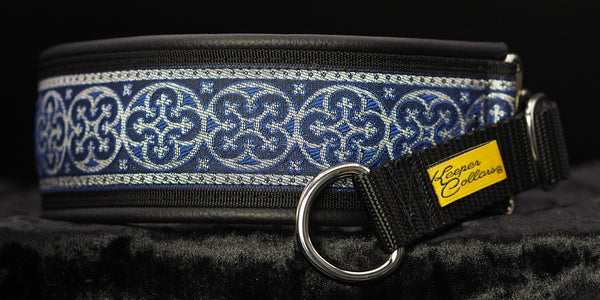 2 Inch Collar Silver and Blue Shields on Black Web with Black Leather and Chrome Hardware
