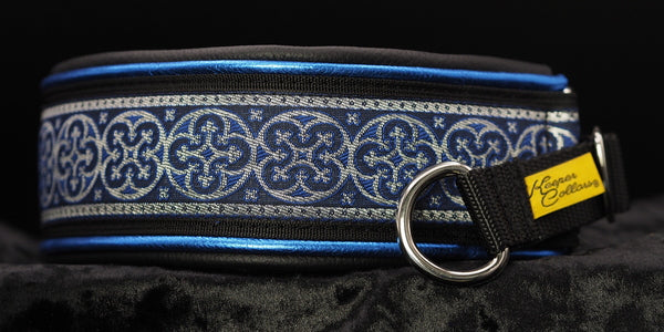 2 Inch Double Leather Collar Silver and Blue Shields on Black Web with Metallic Blue and Black Leather and Chrome Hardware
