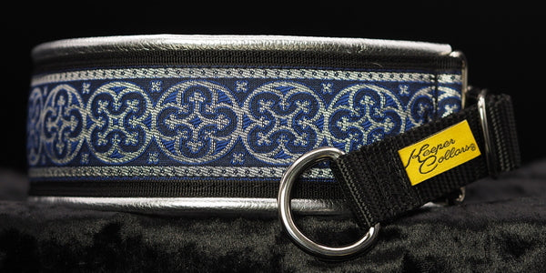 2 Inch Collar Silver and Blue Shields on Black Web with Silver Leather and Chrome Hardware