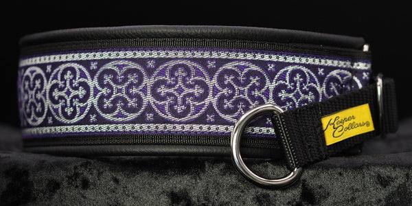 2 Inch Collar Silver and Purple Shields on Black Web with Black Leather and Chrome Hardware