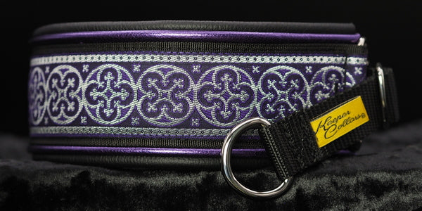 2 Inch Double Leather Collar Silver and Purple Shields on Black Web with Metallic Purple and Black Leather and Chrome Hardware