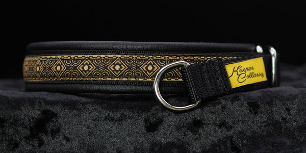 3/4 Inch Collar Brown Geo on Black Web with Black Leather and Chrome Hardware