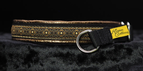 3/4 Inch Collar Brown Geo on Black Web with Metallic Copper  Leather and Chrome Hardware