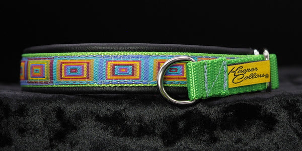 3/4 Inch Collar Colored Squares on Lime Web with Black Leather and Chrome Hardware
