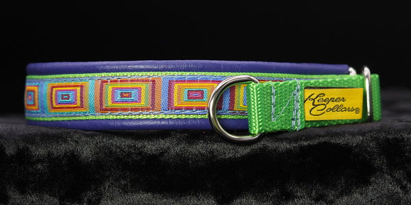 3/4 Inch Collar Colored Squares on Lime Web with Purple Leather and Chrome Hardware