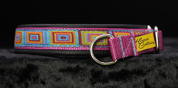3/4 Inch Collar Colored Squares on Pink Web with Black Leather and Chrome Hardware