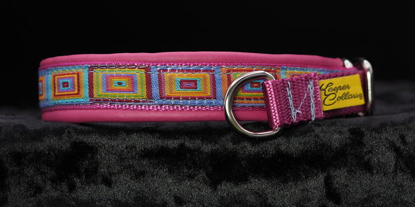 3/4 Inch Collar Colored Squares on Pink Web with Pink Leather and Chrome Hardware