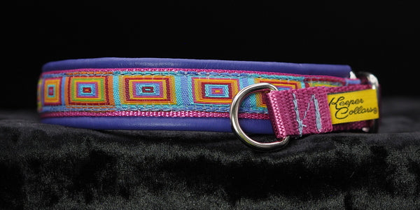3/4 Inch Collar Colored Squares on Pink Web with Purple Leather and Chrome Hardware