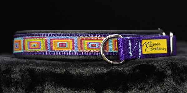 3/4 Inch Collar Colored Squares on Purple Web with Black Leather and Chrome Hardware