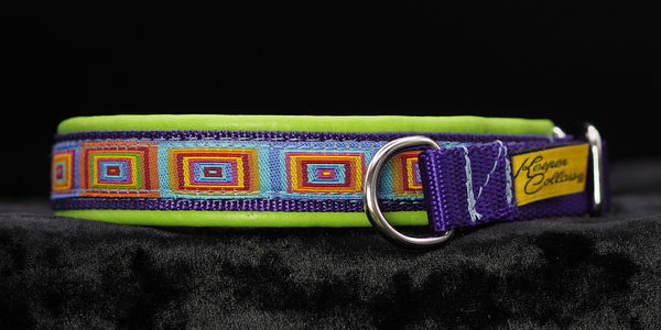3/4 Inch Collar Colored Squares on Purple Web with Lime Leather and Chrome Hardware