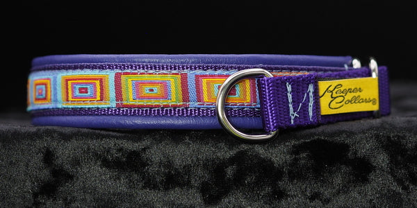 3/4 Inch Collar Colored Squares on Purple Web with Purple Leather and Chrome Hardware