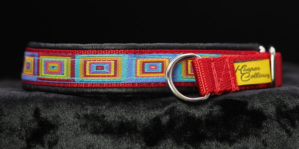 3/4 Inch Collar Colored Squares on Red Web with Black Leather and Chrome Hardware