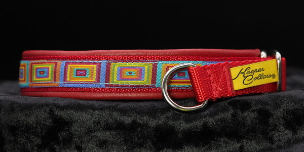 3/4 Inch Collar Colored Squares on Red Web with Red Leather and Chrome Hardware