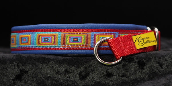 3/4 Inch Collar Colored Squares on Red Web with Blue Leather and Chrome Hardware