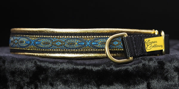 3/4 Inch Collar Blue Konta on Black Web with Metallic Gold Leather and Brass Hardware