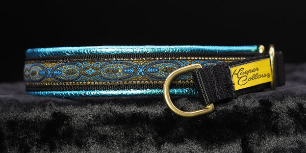 3/4 Inch Collar Blue Konta on Black Web with Metallic Teal Leather and Brass Hardware
