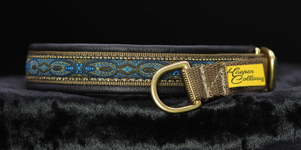 3/4 Inch Collar Blue Konta on Coyote Web with Black Leather and Brass Hardware