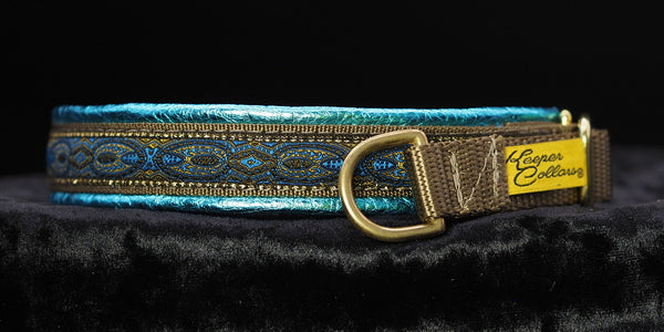 3/4 Inch Collar Blue Konta on Coyote Web with Metallic Teal Leather and Brass Hardware