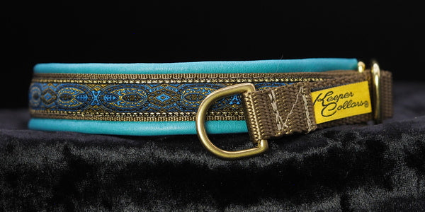 3/4 Inch Collar Blue Konta on Coyote Web with Teal Leather and Brass Hardware