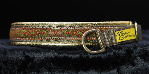 3/4 Inch Collar Red Konta on Coyote Web with Metallic Gold Leather and Brass Hardware