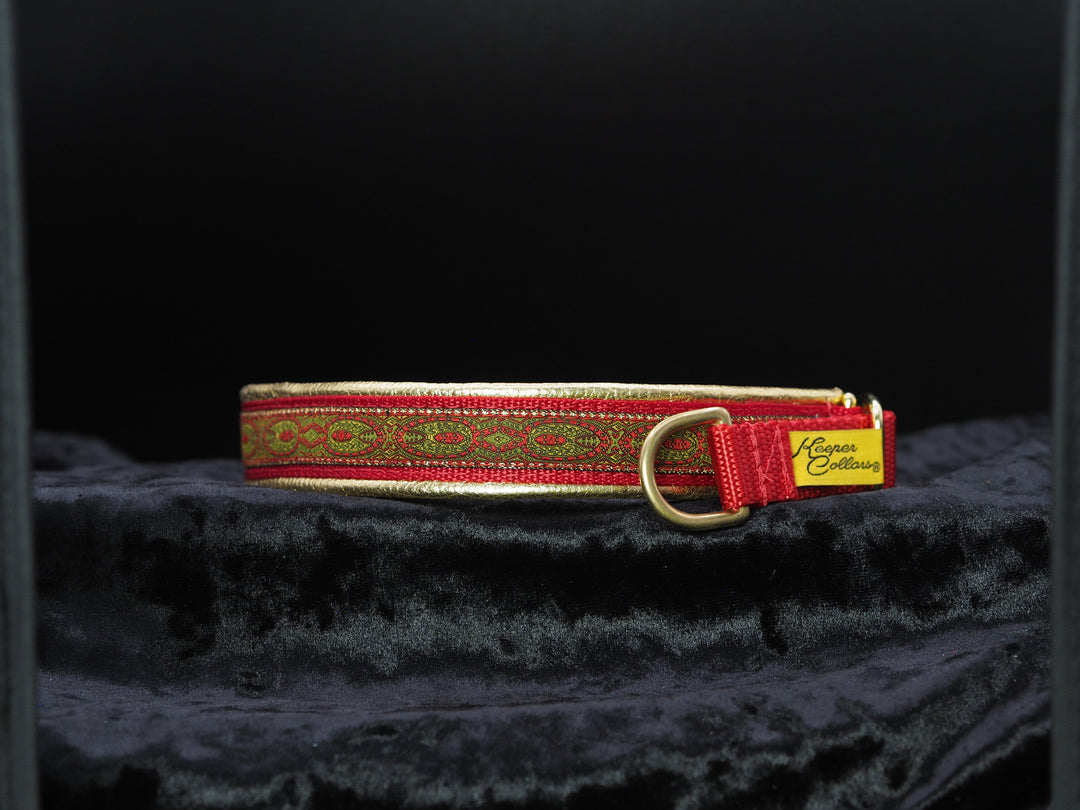 3/4 Inch Collar Red Konta on Red Web with Metallic Gold Leather and Brass Hardware