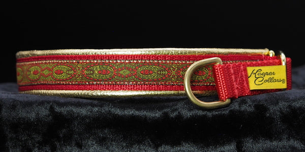 3/4 Inch Collar Red Konta on Red Web with Metallic Gold Leather and Brass Hardware