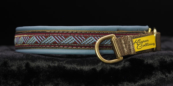 3/4 Inch Collar Antique Gold Light Blue and Burgundy Weave on Coyote Web with Dusty Blue Gray Leather and Brass Hardware