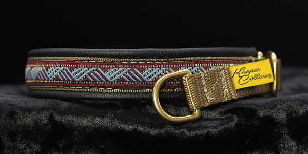 3/4 Inch Collar Antique Gold Light Blue and Burgundy Weave on Coyote Web with Black Leather and Brass Hardware