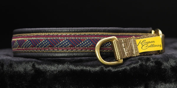 3/4 Inch Collar Antique Gold Navy and Burgundy Weave on Coyote Web with Black Leather and Brass Hardware
