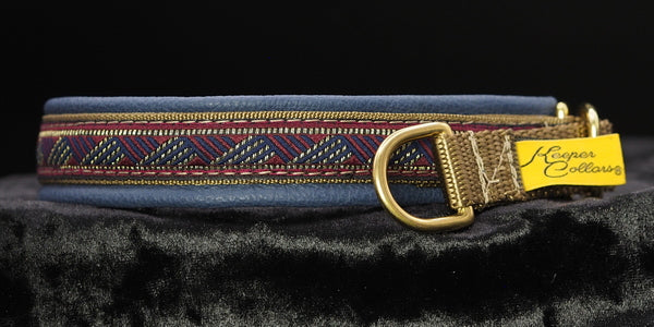 3/4 Inch Collar Antique Gold Navy and Burgundy Weave on Coyote Web with Navy Leather and Brass Hardware