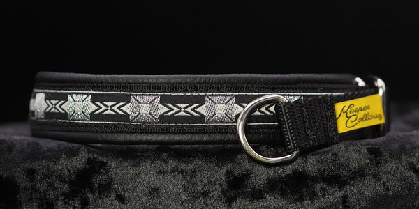 3/4 Inch Collar Silver Squares Black and Gray on Black Web with Black Leather and Chrome Hardware