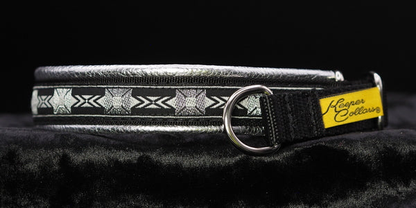 3/4 Inch Collar Silver Squares Black and Gray on Black Web with Metallic Silver Leather and Chrome Hardware