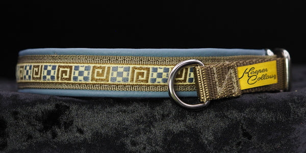 3/4 Inch Collar Teal and Tan Small quilt on Coyote Web with Dusty Blue Gray Leather and Chrome Hardware